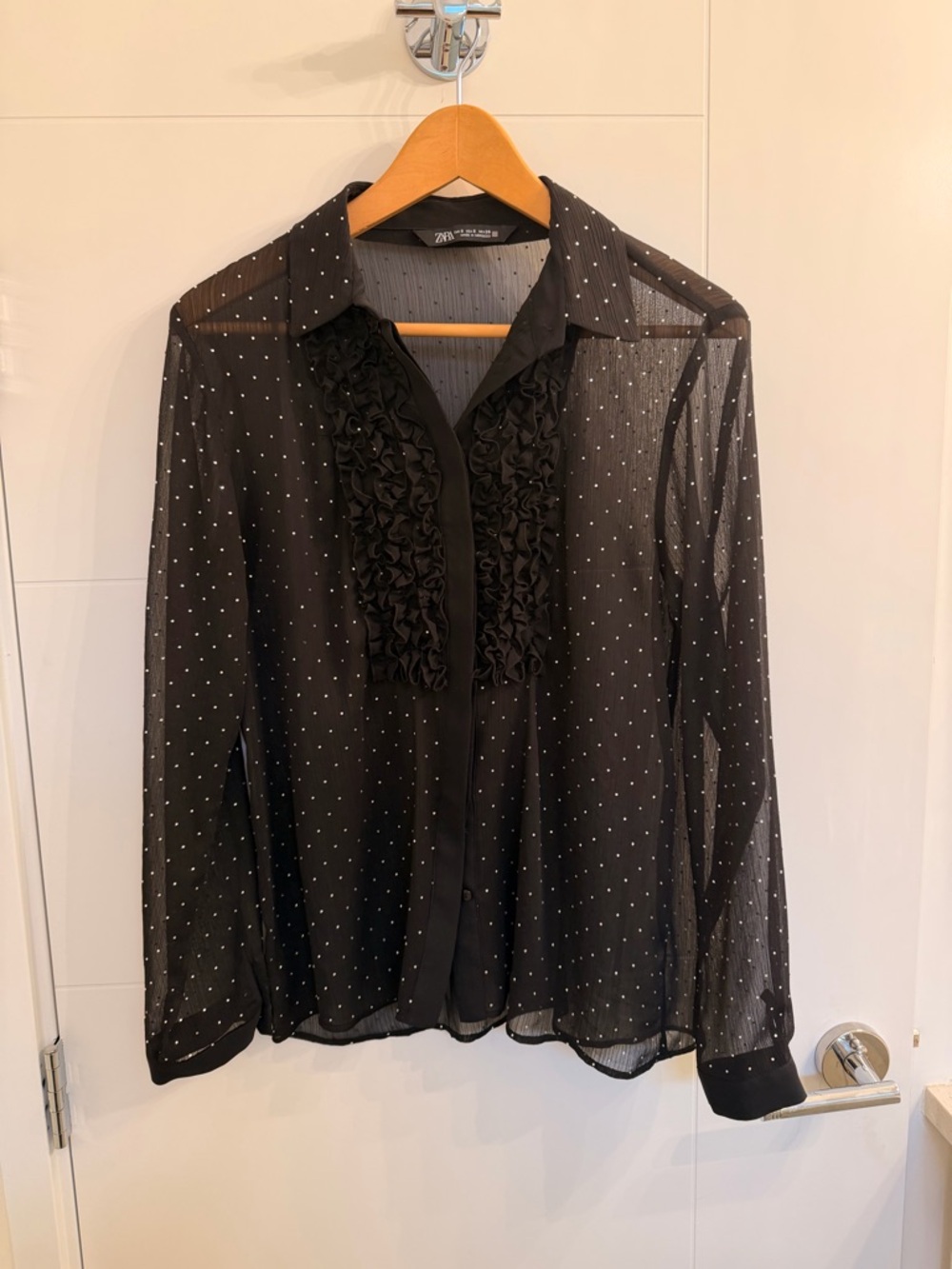 Sheer Black Rhine Stone Ruffle Front Blouse